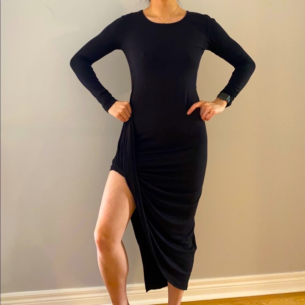 Black long sleeve slit maxi dress